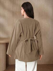 Graceveil Women's Elegant Commuter Solid Color Pleated Tie Waist Blouse - Apricot - View 5