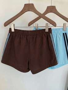 Comfortcana 2 chiếc quần short nữ cạp chun kẻ sọc dáng rộng, thích hợp cho mùa hè và mùa đông, đi chơi thường ngày, thể thao, phong cách Y2K, Giáng sinh, Năm mới. Quần short màu nâu Y2K, trang phục mùa hè cho nữ. - Nhiều màu - Xem 2