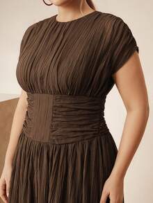 Anewsta Vestido elegante y moderno con textura y pliegues en la cintura para mujeres de talla grande - Café integral - Ver 2