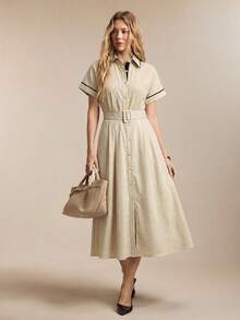 BizChic Women's Mid-Length Dress With Lapel Collar, Japanese Style Buckle Belt, Side Pockets, Single-Breasted Front Opening, Elegant Casual For Party, Date, Wedding Guest, Vacation, Independence Day, Graduation Season, Music Festival, Slimming, Versatile, High-End Summer - White - View 6