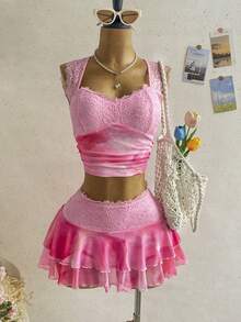 Soleia Bộ đồ 2 món dành cho nữ, gồm áo tank top và chân váy ngắn hở lưng phối ren, thích hợp cho kỳ nghỉ. - Nhiều màu - Xem 1