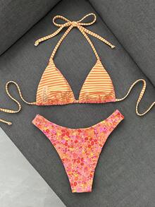Swim Mod 女款 26SS 春夏新款甜美花卉條紋細肩帶 V 領露背三角上衣 & 高衩三角泳褲比基尼泳衣 2 件組 - 彩色 - 查看 2