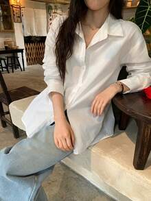 DAZY 纯色前开襟长袖休闲衬衫，春夏款 - 米色 - 查看 2