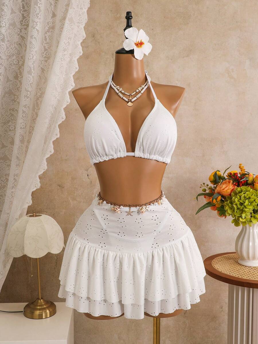 Swim Mod Plus Size Women White Summer Beach Holiday Party Hollow Floral Top,Bikini Triangle Bottoms & Ruffle Skirt Set,Minimalist Fashion Holiday Swimsuit - White - View 1