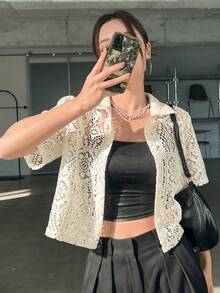 DAZY Women Lace Turndown Collar Cardigan Top, Summer Sheer,Crop Tops Women - Beige - View 1
