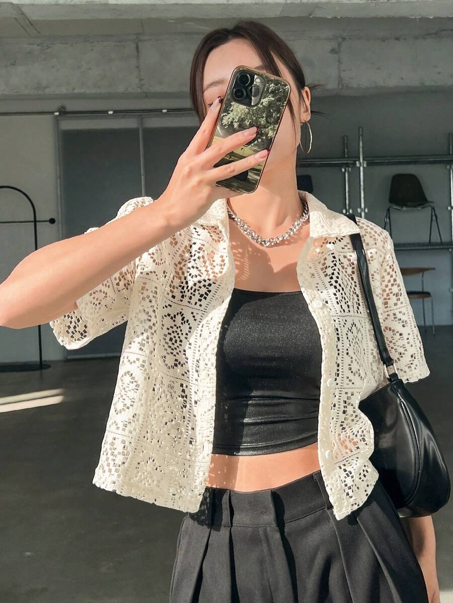 DAZY Women Lace Turndown Collar Cardigan Top, Summer Sheer,Crop Tops Women - Beige - View 1