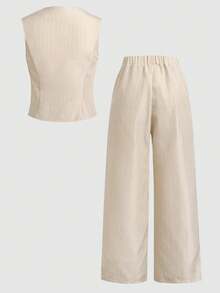 SHEIN Conjunto de T-shirt e Calça para Adolescentes Meninas, Conjunto Casual Elegante para Uso Diário, Top Cropped com Decote em Ombros e Calça Pantalona de Cintura Alta com Fivela Metálica em Listras Cor de Damasco, Conjunto de 2 Peças, Verão - Damasco - Visão 2