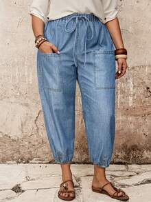 EMERY ROSE EMERY ROSE Plus Size Women Drawstring Waist Pocket Casual Versatile Daily Wear Denim Jeans - Light Wash - View 3