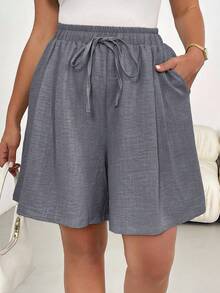 Shapeblank Plus Size Women's Dark Green Sommar Baggy Casual Traditional Curve Loungewear Shorts Elastic Waist Flowy Bermuda Shorts Comfortable Loose Boho Summer - Light Grey - View 3