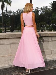 Sandy Gomes Women's Elegant V-Neck Camisole And High Waist Mesh Skirt 2-Piece Set, Spring/Summer Pink - Pink - View 2