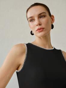 MOTF PREMIUM WOMEN'S SUMMER BLACK AND WHITE CHECKERED CONTRAST RIB KNIT SLEEVELESS ELEGANT VERSATILE TANK TOP BRUNCH OFFICE - Black - View 3