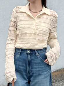 FRIFUL Women's Thin Sheer Lace Long Sleeve Casual Layering Top, Solid Color, Blend, Spring/Summer - Beige - View 3