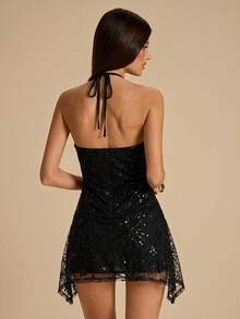 SHEIN BAE Women's Black Floral Sequin V-Neck Asymmetric Hem Summer 70s Party Mini Dress,Sleeveless Halter Backless Firework Star Cocktail Wedding Guest - Black - View 2