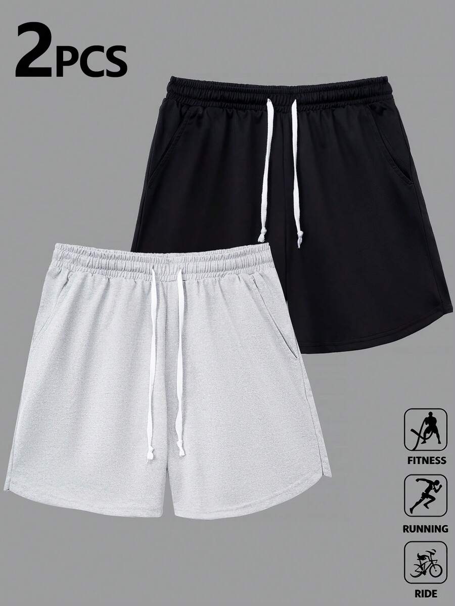 Manfinity Homme 2 piezas Pantalones cortos deportivos de verano casuales para hombres con cintura con cordón y bolsillos en diagonal - Multicolor - Ver 1