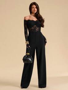 SHEIN Tall CURVE جمبسوت رسمية أنيقة للسمينات بتصميم كتف مكشوف مع تطريز الدانتيل - الأسود - مشاهدة 5