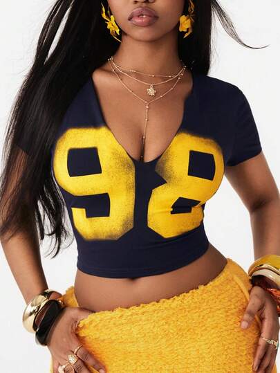 Coolane Women's Plus Size Summer Going Out Streetwear Chic Daily Wearnumber Pattern Stretchy Dark Blue Bustier Notched T-Shirt Plus Size Waist-Defining Top, Figure-Flattering Fit
