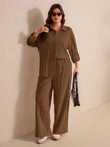 Elaquor Plus Size Casual Minimalist Basic Striped 2 Pieces Set, Loose Fit - Rust Brown - View 5