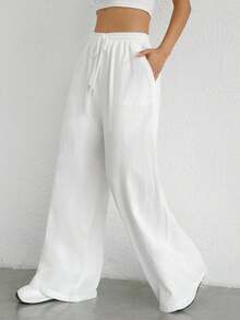 SHEIN PETITE CURVE 大码女式纯色抽绳腰带口袋休闲日常裤 - 白色 - 查看 6