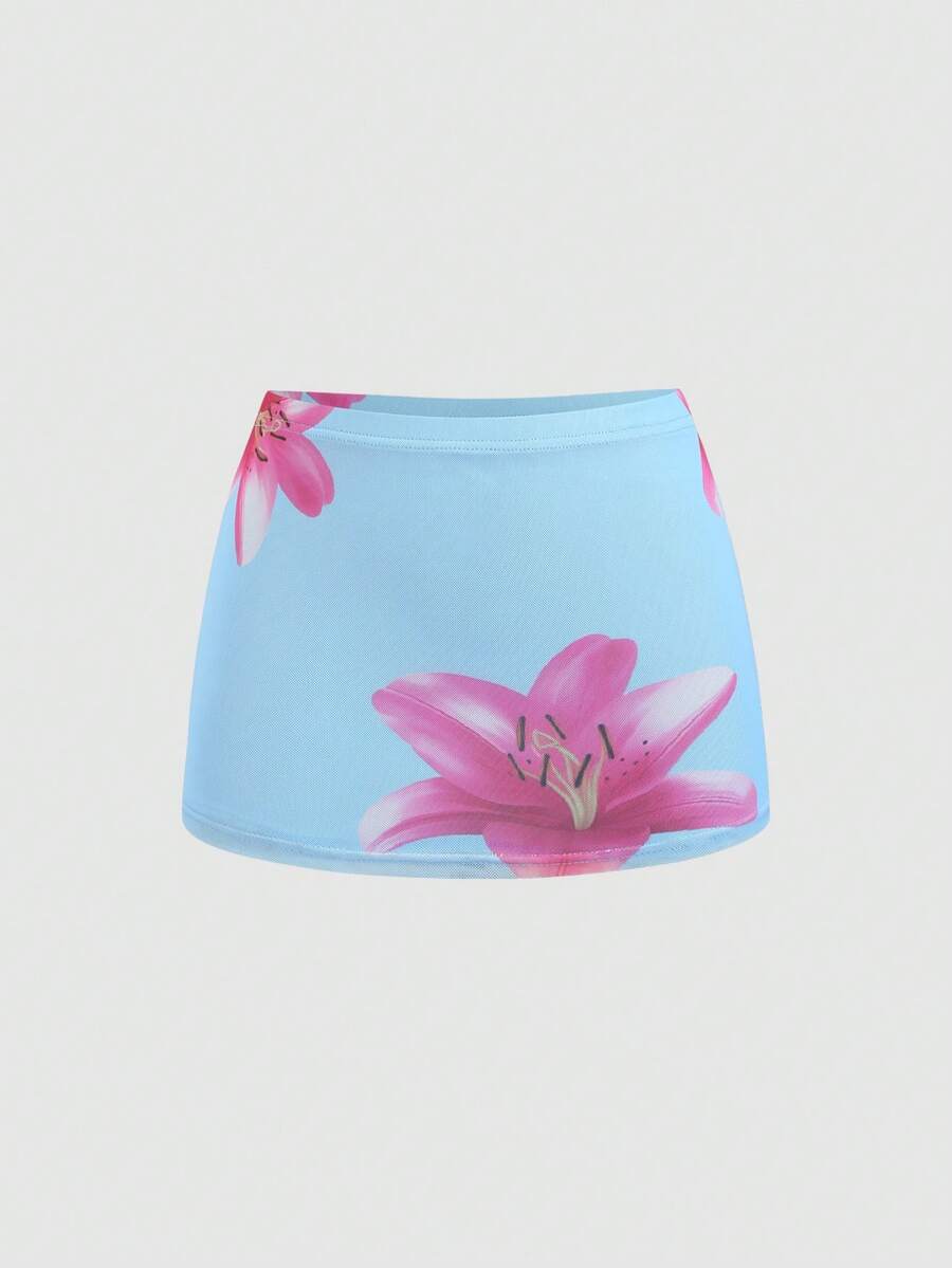 Sweetra Summer Women Vacation Style Printed Mini Skirt - Blue - View 1