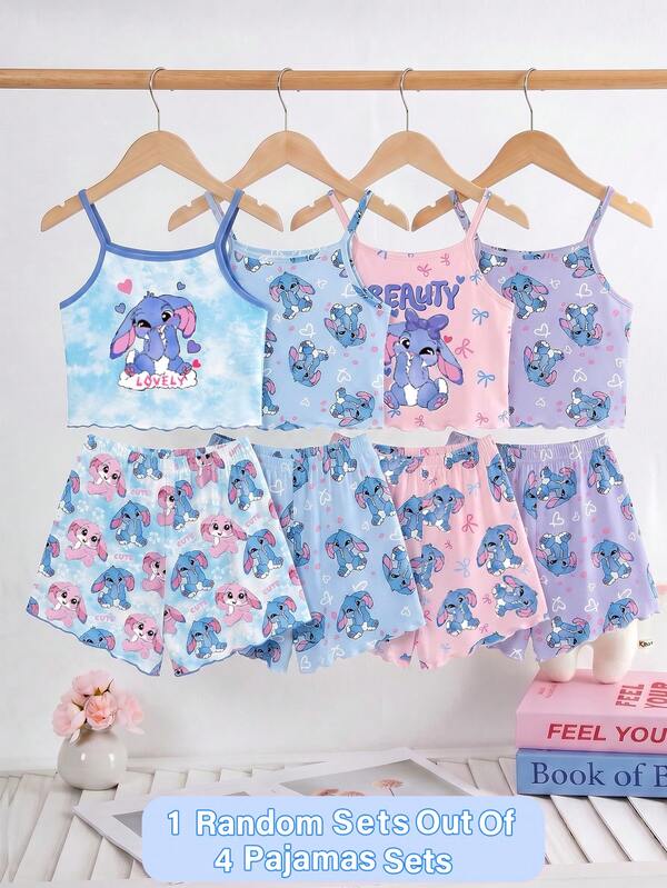 SHEIN 【随机4套，含1套】女童夏季两件套：蓝色兔子蝴蝶结印花吊带背心搭配荷叶边短裤，针织面料，舒适柔软，适合居家/睡衣穿着，圆领短裤吊带背心，适合外出和居家穿着，蓝/粉/紫甜美格子休闲少女风