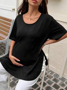 DAZY Maternity Round Neck Solid Color Short Sleeve Split Hem Loose Black T-Shirt, Spring/Summer - Black - View 7