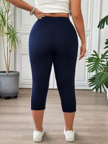 SHEIN EZwear 大码撞色条纹高腰修身打底裤 - 藍色 - 查看 3