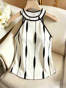 SHEIN Franclia Áo vest không tay nữ mùa xuân/hè mới, màu trắng cổ tròn viền tương phản, thanh lịch, lãng mạn, thường ngày, đa năng, thời trang đường phố, đi làm, ở nhà, hẹn hò lãng mạn. - trắng - Xem 4