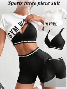 BamGleam Women Round Neck Short Sleeve Letter Printed Top + Spaghetti Strap Crisscross Back Striped Patchwork Bra And Shorts, 3pcs Slim Fit Casual Sports Set Workout Women Setwomen Workout Set Gym Women Outfit - Black and White - View 4