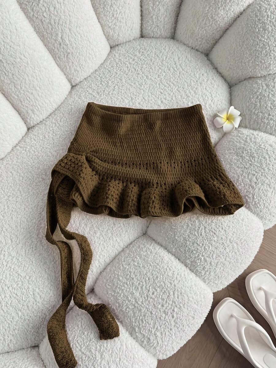 Flirla 女款針織毛衣裙,時尚夏季海灘風,低腰鏤空荷葉邊裙襬,百搭甜美度假風 - 棕色 - 查看 1