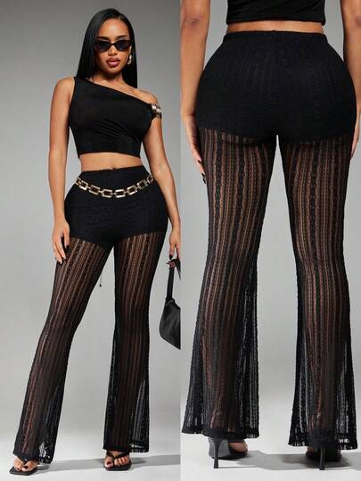 Radiana Women's Summer New Sexy Lace Sheer Mesh Flare Pants (With Leggings), Flowing Mesh Pants, Casual Pants, Beach Pants, Suitable For Night, Dates, Gatherings, Parties, Clubs, Nightclubs, Cocktail Parties, Music Festivals, Concerts, Island Vacations, Beaches, Holiday Outfits