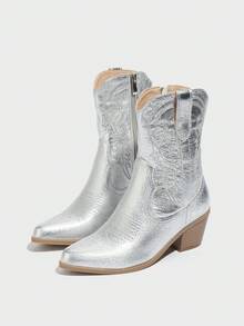 Daringsoles 女士厚底性感假日西部靴通勤刺绣尖头中跟侧拉链秋冬靴美式短靴低帮靴假日圣诞节万圣节复古靴 - 銀色 - 查看 14
