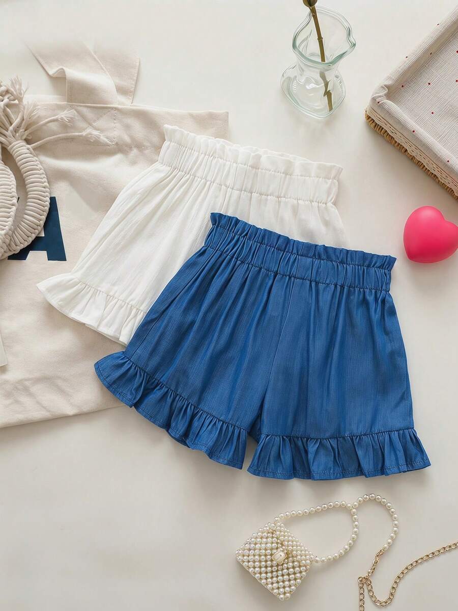 SHEIN 2件套女童纯色荷叶边休闲短裤套装 - 彩色 - 查看 1