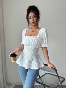 Modelyn 法式方领收腰花瓣袖女式上衣 - 白色 - 查看 5