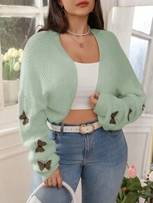 EMERY ROSE Plus Size Women Solid Color Knitted Butterfly Embroidered Short Cardigan, Fashionable And Versatile For Autumn/Winter Date Night Sage Green Cute - Green - View 6