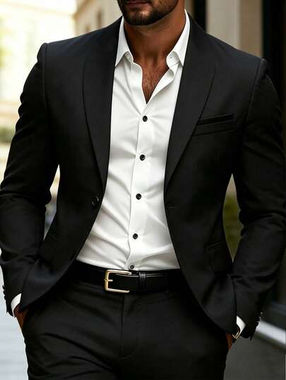 Manfinity Mode Men's Solid Color Shawl Neck Business Long Sleeve Suit Jacket
