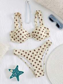 SHEIN Swim 女款夏季天藍色圓點比基尼，復古風情，修身剪裁適合海灘度假，浪漫泳裝套裝適用於陽光海灘與泳池派對 - 黃色 - 查看 4