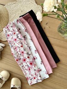 SHEIN Quần dài dệt kim họa tiết hoa dễ thương, đa năng, cạp chun cho bé gái - Nhiều màu - Xem 6