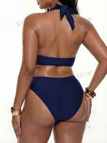 Oceva Plus Size Women's Solid Color Accessory Sexy Clubwear Top Paired With Matching Thong Bikini Swimwear Set - Navy Blue - View 2