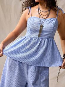 Nubod Plus Size Women Blue And White Camisole And Casual Boho Pants Vacation Set Beach Vacation Summer - Blue - View 5