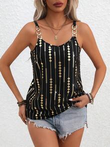 Penseblé Geometric Pattern Metallic Buckle Strap Tank Top Graphic Tees Women Tops - Black - View 7