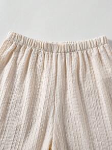 2 pièces/Set Chemise à demi-patte de jeunes garçons décontractée en tissu texturé et short rayé, minimaliste et confortable pour le quotidien, les déplacements, les vacances - Nude - Voir 4
