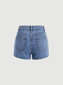 SHEIN 青少年女孩高彈性修身純色休閒牛仔短褲，女孩夏季波西米亞風時尚休閒Y2K復古酷感舒適透氣基本款混搭閃亮水鑽設計寬鬆寬腿牛仔短褲，柔軟日常穿搭夏季春季電音節海灘閃亮牛仔短褲水鑽牛仔短褲派對婚禮畢業舞會生日休閒度假 - 藍色 - 查看 5
