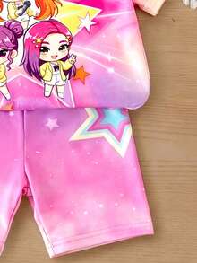 少女K-POP主題卡通T恤&星星短褲2件套，甜美漸層紫粉色，時尚淺粉色夏季表演穿搭 - 彩色 - 查看 6