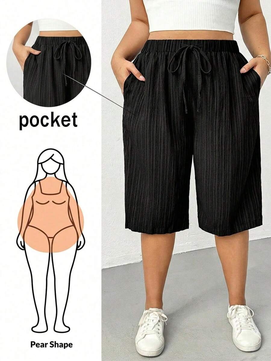 Shapeblank Quần dài nữ cỡ lớn thời trang xuân hè, dáng rộng thoải mái, đa năng, tôn dáng, chất liệu vải dệt họa tiết, cạp chun, ống lửng, màu đen, thích hợp mặc hàng ngày, cơ bản, tôn dáng, chất liệu vải dệt họa tiết, thích hợp mặc thường ngày. - màu đen - Xem 1
