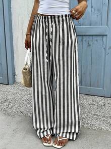 SHEIN PETITE CURVE Quần ống rộng kẻ sọc cạp chun dáng casual - Đen và trắng - Xem 7