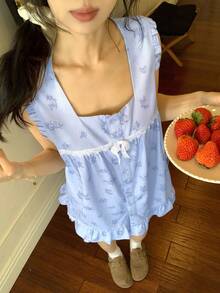 DAZY 花卉甜美撞色蕾丝拼接荷叶边无袖上衣和短裤女士睡衣套装 - 藍色 - 查看 6