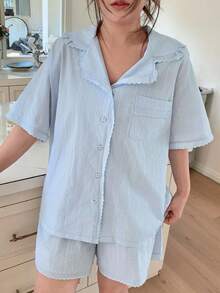 Dazy Plus Plus Size Women Striped Short Sleeve Button-Up Top And Shorts Pajama Set Summer - Baby Blue - View 2