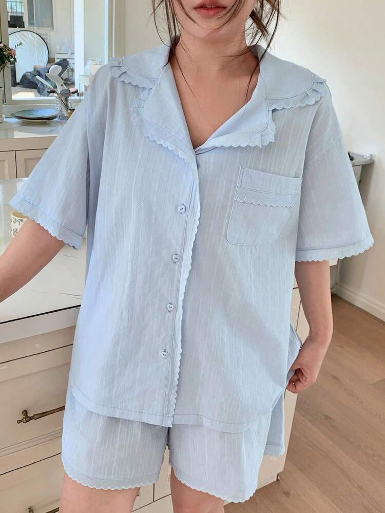 Dazy Plus Plus Size Women Striped Short Sleeve Button-Up Top And Shorts Pajama Set Summer