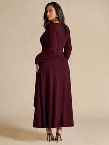 SHEIN BAE Đầm dài tay xếp ly thanh lịch dành cho nữ cỡ lớn, màu vàng, thích hợp cho mùa thu/đông. - Màu Đỏ Sâu - Xem 2