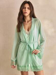Charlaine Conjunto de Camisola e Roupão de Dormir Sexy com Recortes de Renda em Cor Sólida para Mulheres - Verde - Visão 2